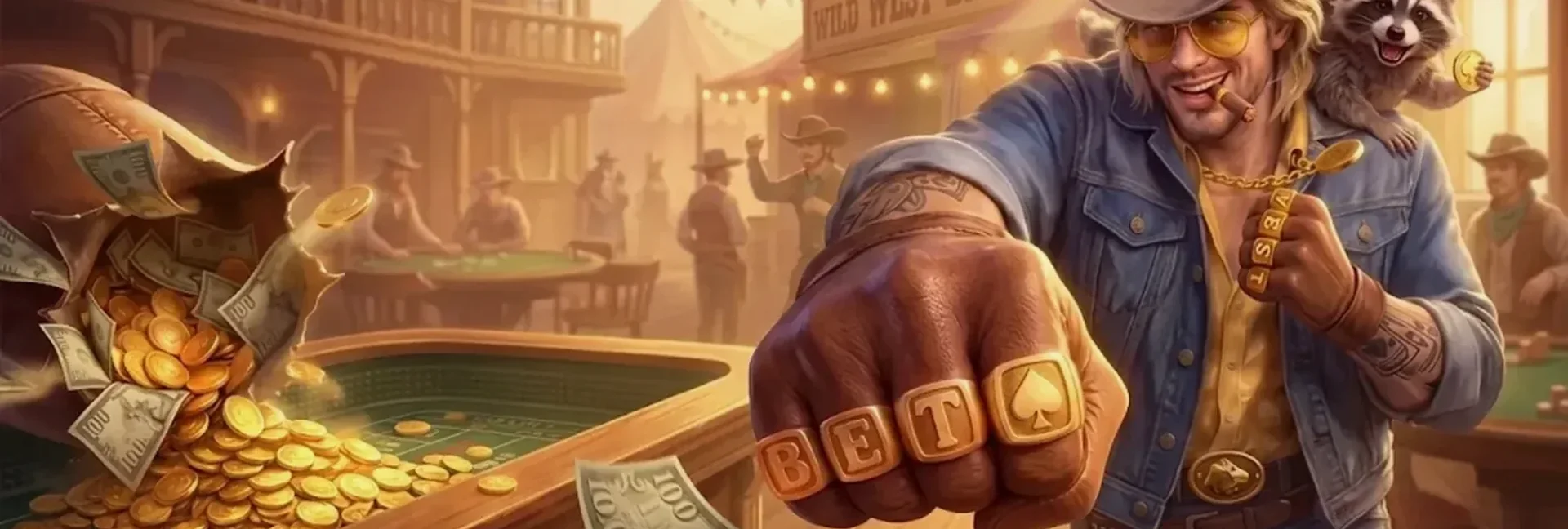 Wild West saloon scene with gold coins, a gaming table and a player wearing BET rings